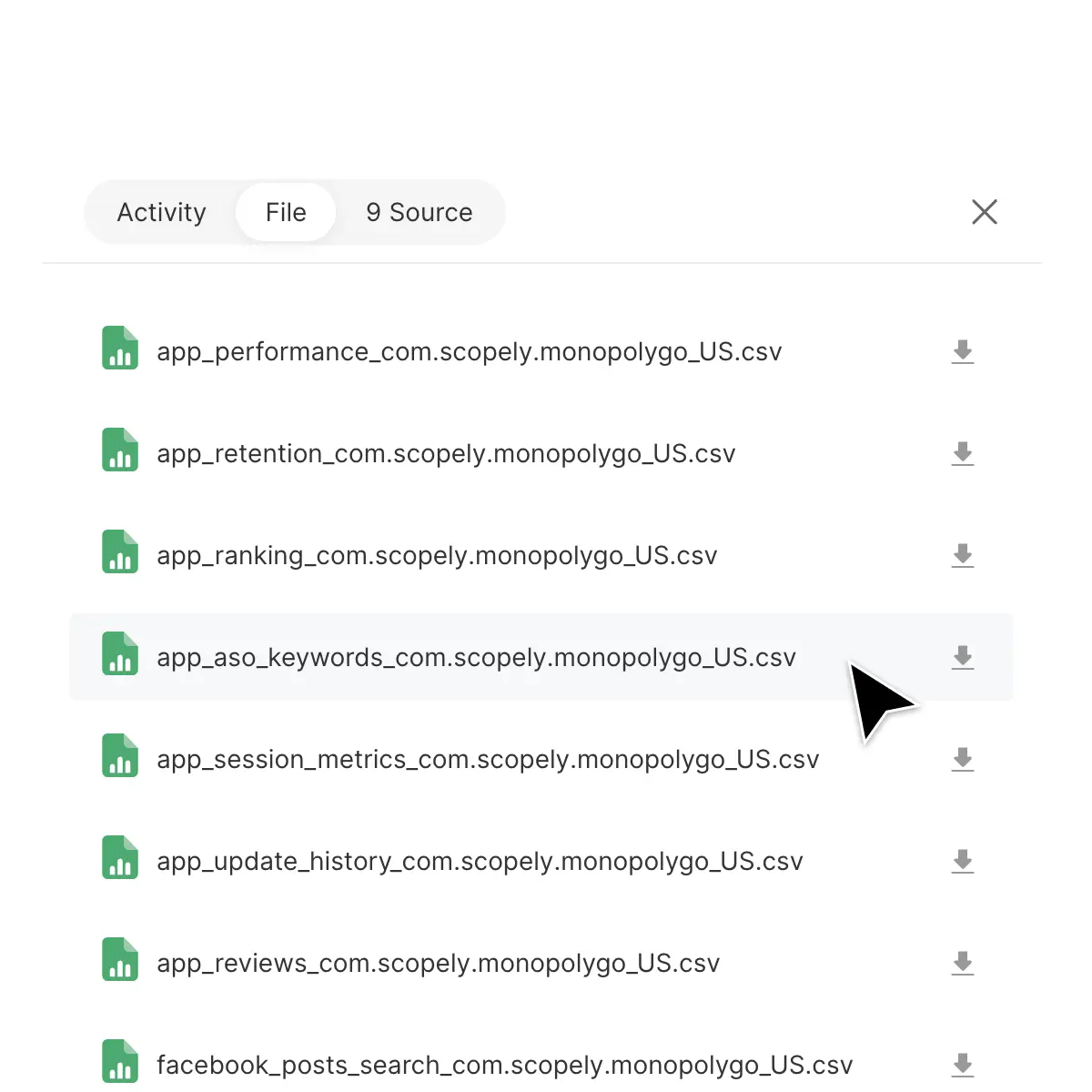ASO data export preview